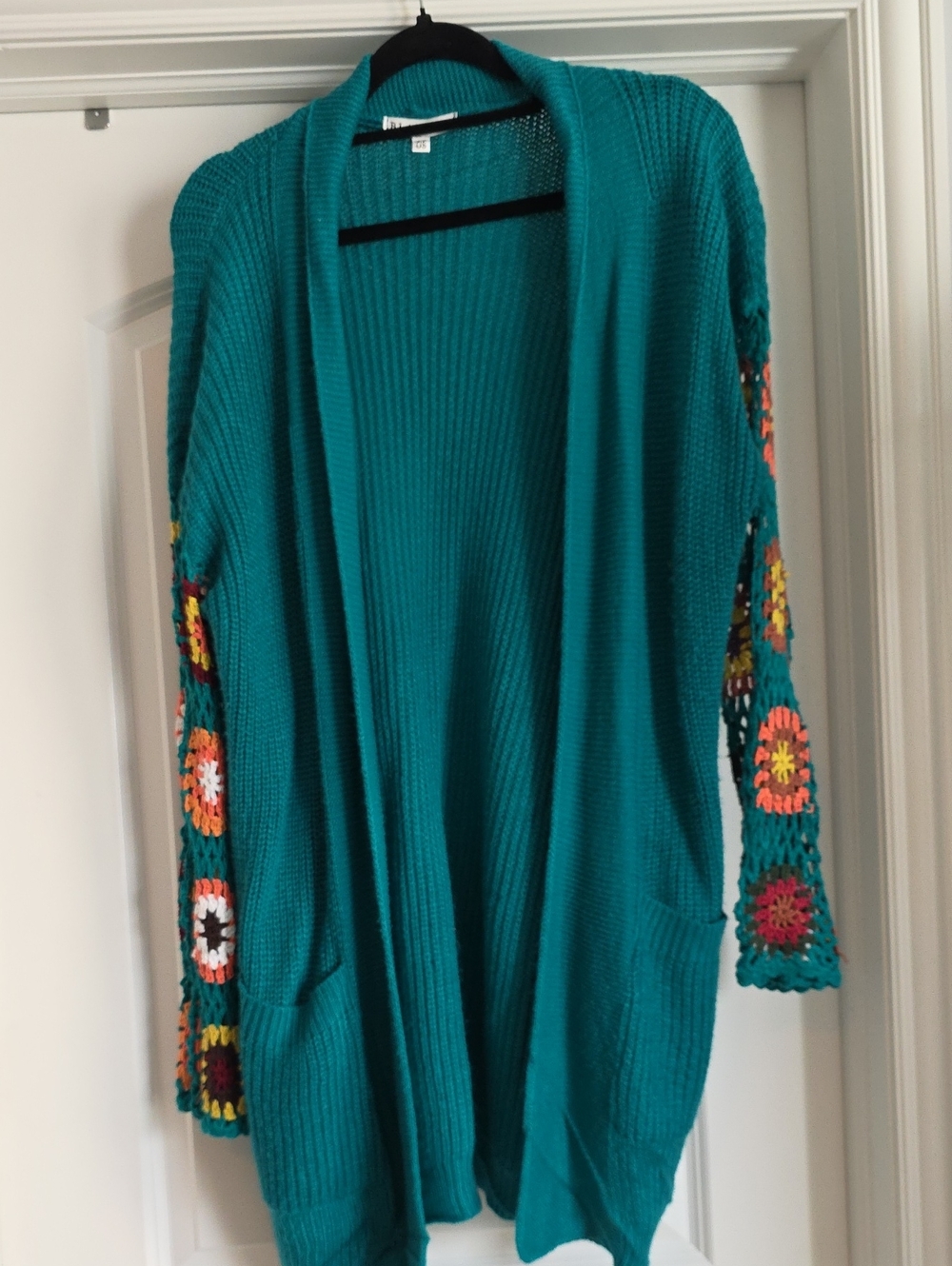 EUC Blakely One Size Teal Open Front Cardigan Sweater with Crochet Sleeve Detail